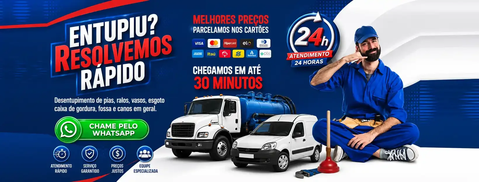 Desentupidora Hidro forte 24h — Entupiu? Resolvemos rápido. Atendimento 24 horas, orçamento grátis, chegada rápida.